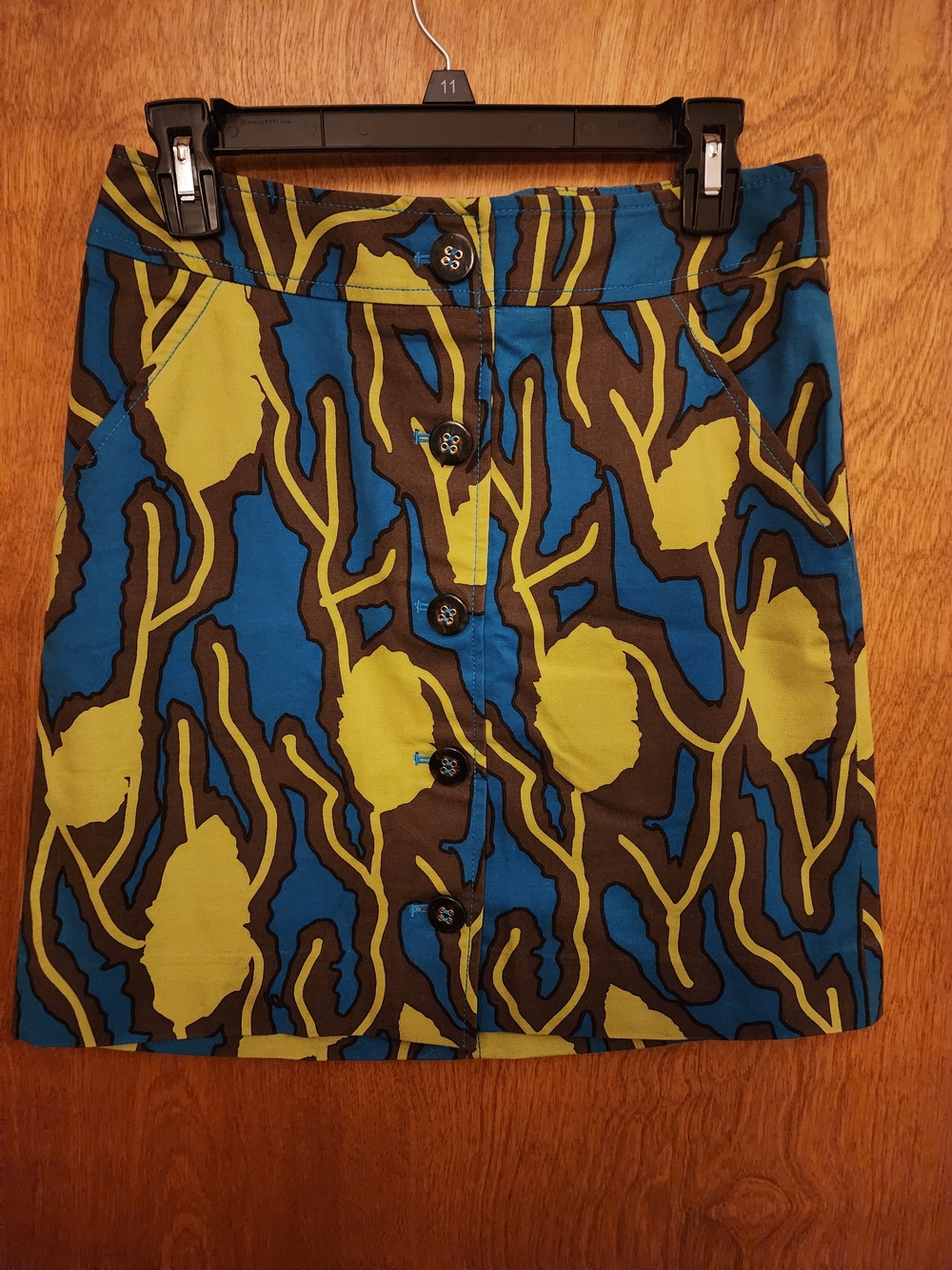 Etcetera Blue, Lime & Brown Button-Front Mini Skirt